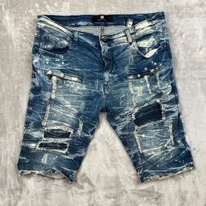 Focus Jeans Men's Blue Distressed Denim Shorts Size 38 Moto Style